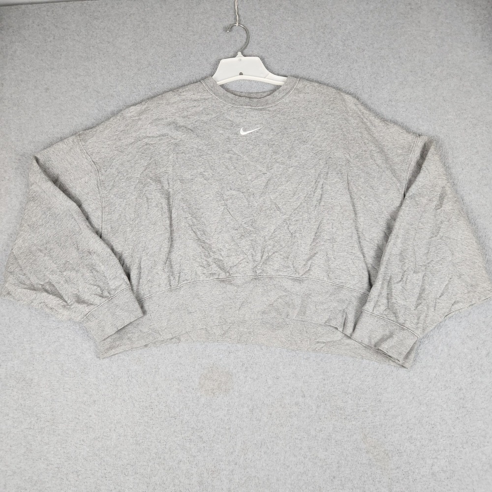 Nike Cropped Sweatshirt Womens Large Gray Oversized Fleece Lined Logo Crewneck